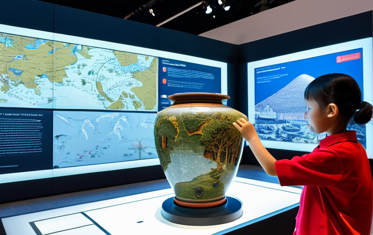 A professional photograph capturing the bright, modern interior of the National Museum of Singapore. The scene features historical exhibits alongside interactive digital displays. In the foreground, an ancient ceramic vase is respectfully displayed behind glass, next to a large, vibrant LED screen projecting historical maps and timelines. Visitors, fully clothed in professional, modest attire, are observing the exhibits with curiosity. A family, including a child, is engaged with a touch-screen interactive exhibit, learning about Singapore's past. The lighting is soft and inviting, highlighting the artifacts and technology seamlessly. The atmosphere is educational and engaging, safe for work, appropriate content, fully clothed, professional photography, high quality, perfect anatomy, correct proportions, natural pose, well-formed hands, proper finger count, natural body proportions, realistic, detailed.