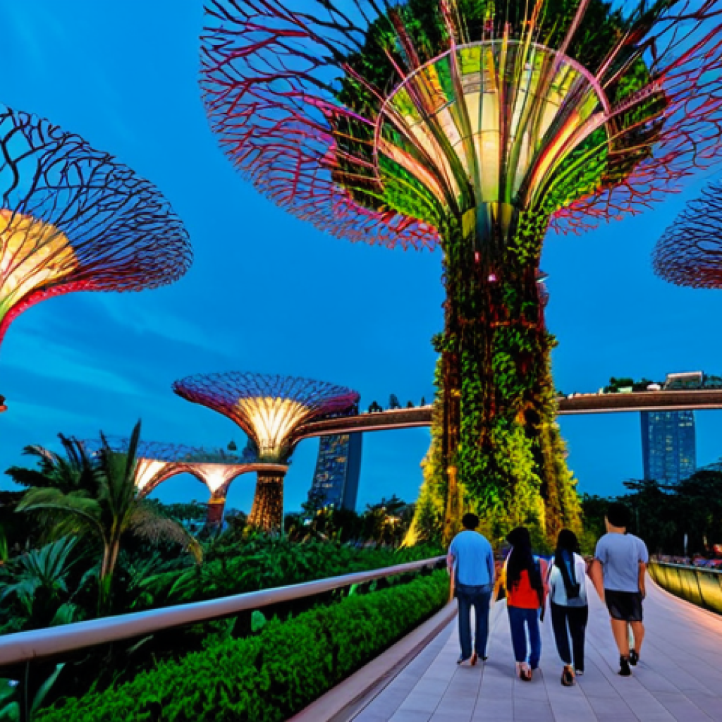 **

"A panoramic view of Gardens by the Bay in Singapore, showcasing the Supertrees at dusk, fully clothed tourists strolling along the pathways, modern architecture blending with lush greenery, safe for work, appropriate content, professional photography, perfect anatomy, natural proportions, professional, family-friendly, vibrant colors."

**