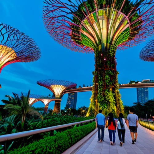 Home 17 **
"A panoramic view of Gardens by the Bay in Singapore, showcasing the Supertrees at dusk, fully clothed tourists strolling along the pathways, modern architecture blending with lush greenery, safe for work, appropriate content, professional photography, perfect anatomy, natural proportions, professional, family-friendly, vibrant colors."
**