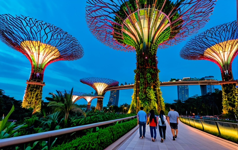 **

"A panoramic view of Gardens by the Bay in Singapore, showcasing the Supertrees at dusk, fully clothed tourists strolling along the pathways, modern architecture blending with lush greenery, safe for work, appropriate content, professional photography, perfect anatomy, natural proportions, professional, family-friendly, vibrant colors."

**
