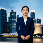 싱가포르 스파 추천 - A professional businesswoman in a tailored navy suit, standing confidently in front of the Singapore...