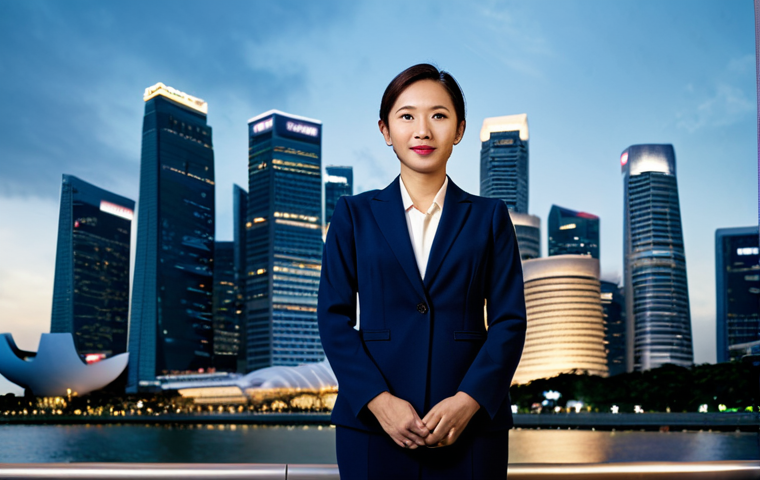 싱가포르 스파 추천 - A professional businesswoman in a tailored navy suit, standing confidently in front of the Singapore...